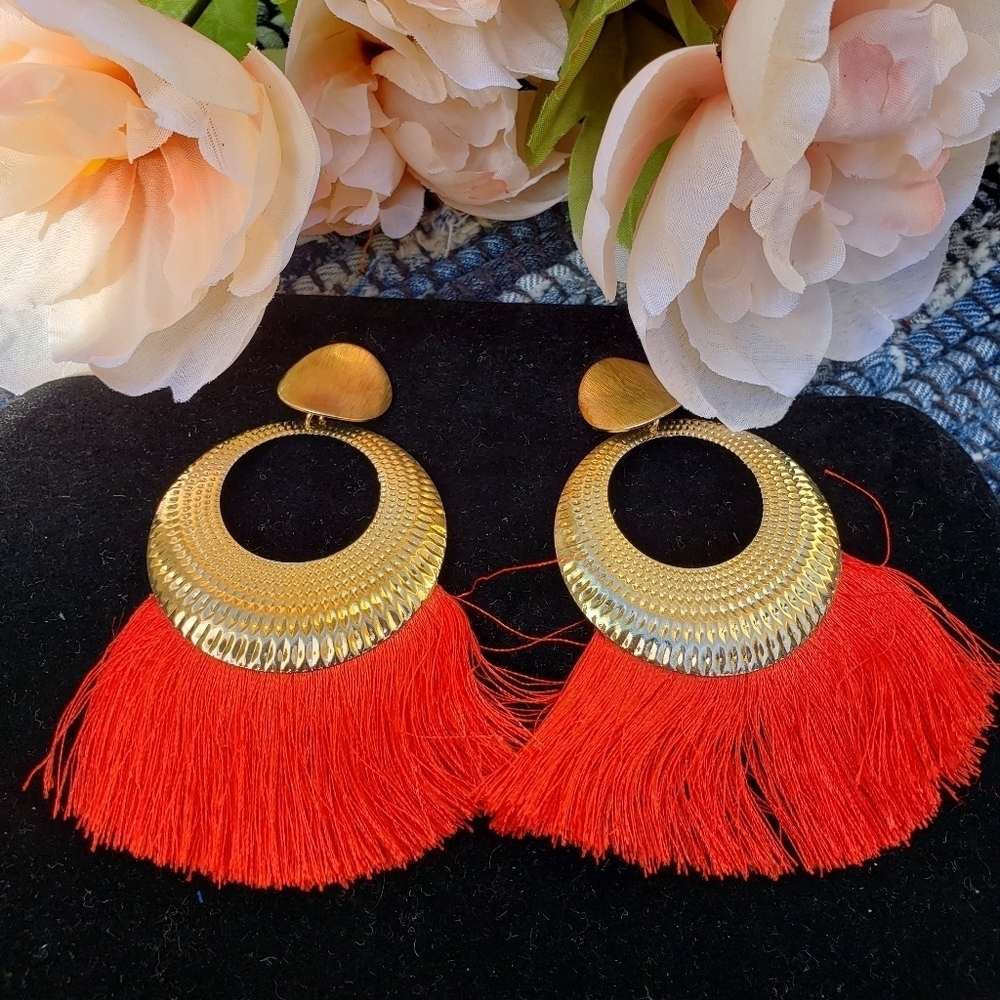 NEW Statement Earrings Red Gold Fringe Tassels Retro Funky Festival